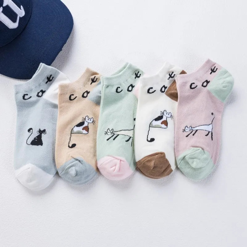 5 Pairs Women Cute Cat Socks Short Ankle Socks Cartoon Animal Kitten Korean Fashion Girls Kawaii Casual Socks Calcetines Mujer