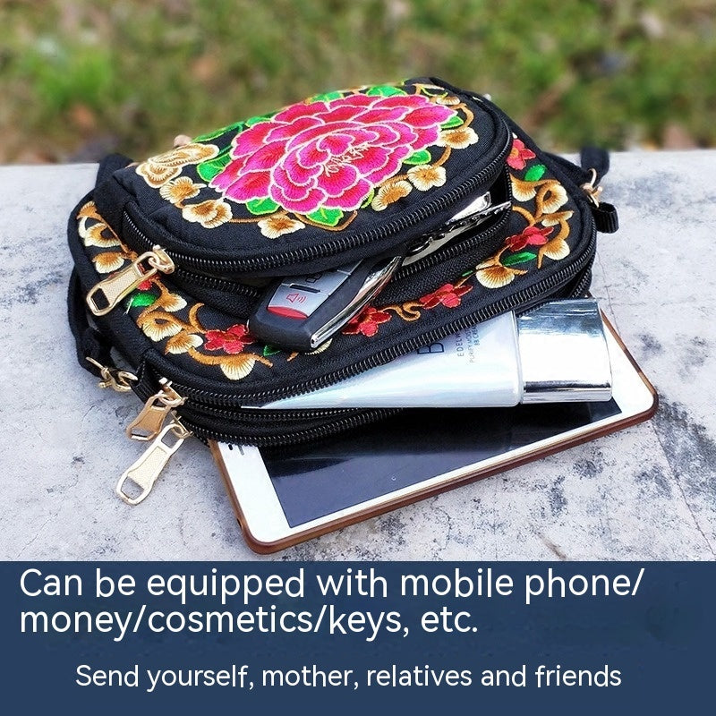 Vibrant Floral Embroidered Crossbody Bag for Women - Lightweight, Double-Sided Design with Detachable Strap, Zipper Closure, and Phone Pocket - Perfect for Casual Outings, Travel Accessory | Vibrant Pattern Bag | Coin Purse