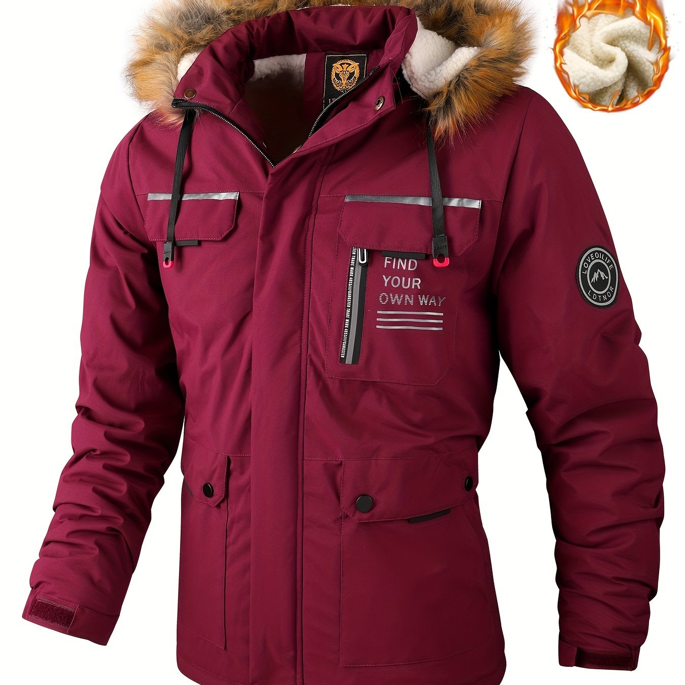 Men'S Winter Windbreaker Jacket with Warm Hood - Maroon Zip-Up Outdoor Coat, Stand Collar, Multiple Pockets, Casual Sporty Design for Cold Weather, Winter Jacket
