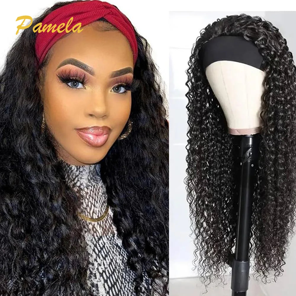 Headband Wigs Human Hair For Woman Curly Hair Wig Glueless Ready To Wear Deep Wave Human Hair Full Machine 250% Density Wigs