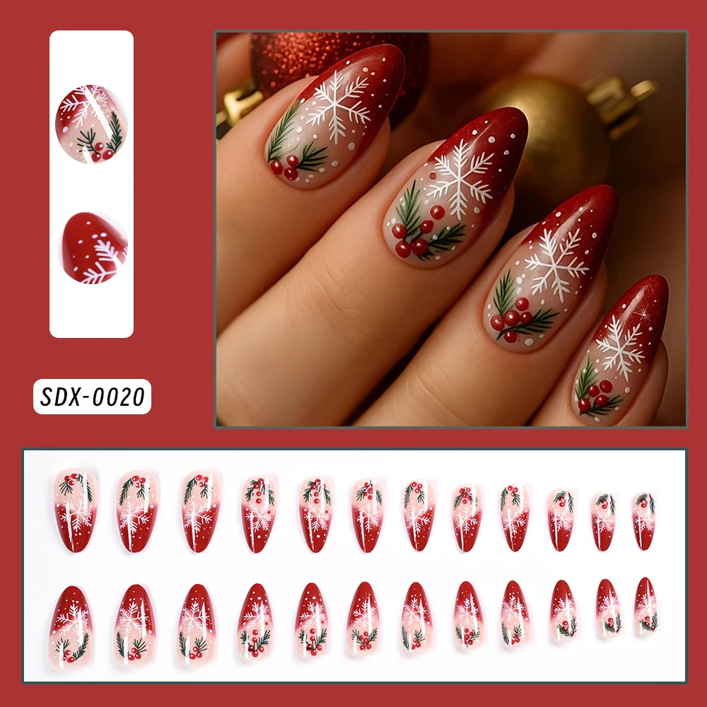24pcs Gradient Red French Christmas Fake Nails Cute Almond Cartoon Holly Snowflake Design False Nails DIY Xmas Fake Nails Girls