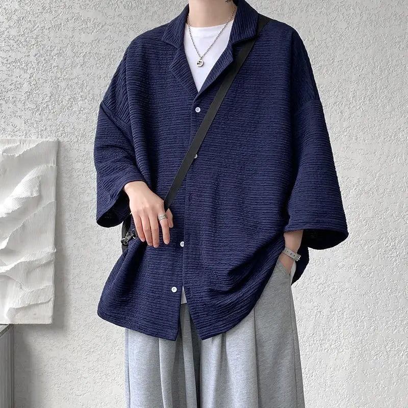 Streetwear Shirts Solid Color Loose Temperament Handsome Button Three Quarter Sleeve V-neck Spring Summer Men's Clothing 2023