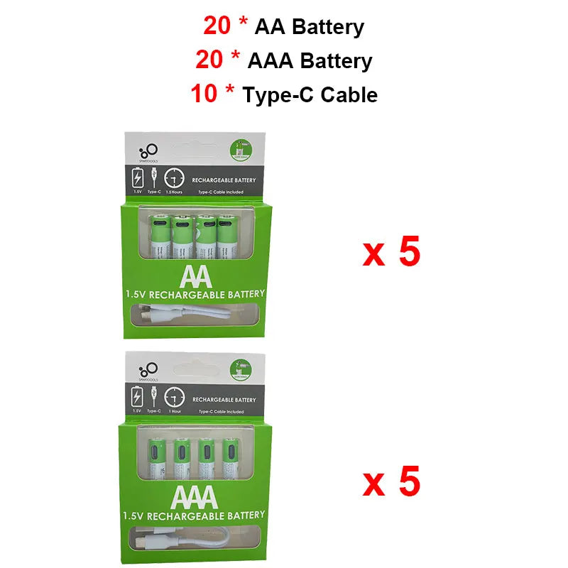 AA + AAA USB Rechargeable battery 1.5V AA 2600mWh/AAA 750mWh li-ion batteries for toys watch MP3 player thermometer+TYPE-C Cable