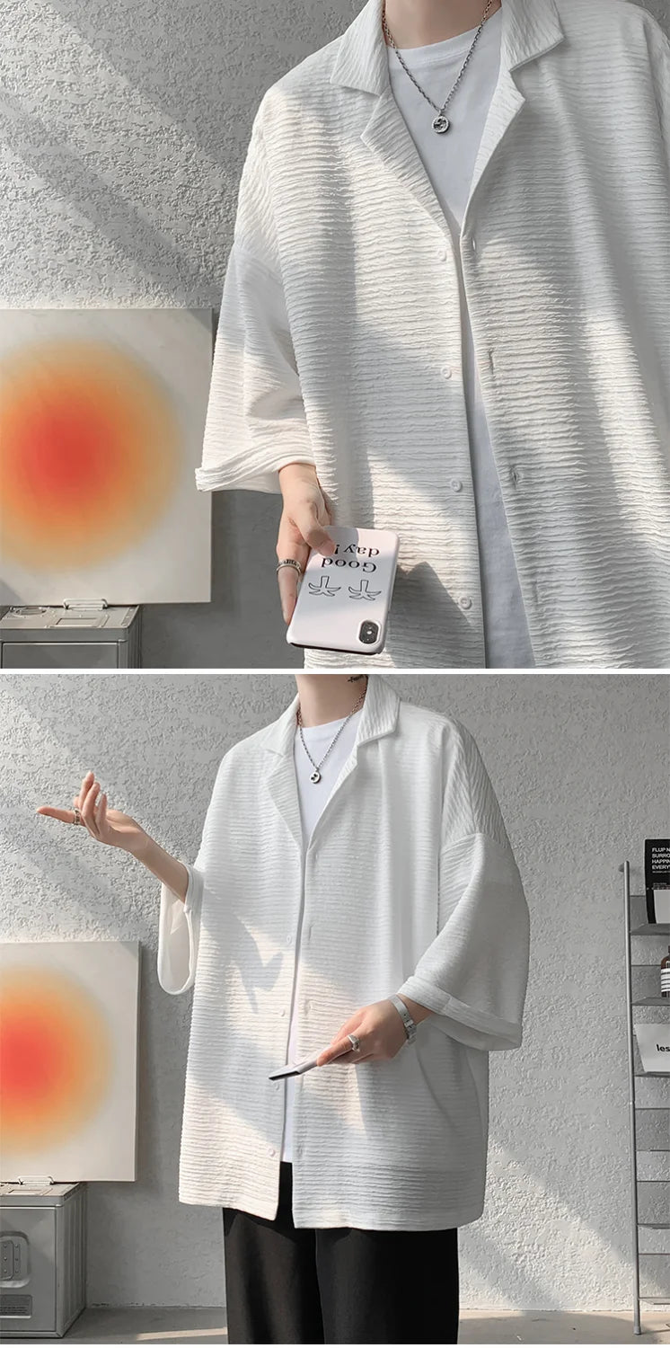 Streetwear Shirts Solid Color Loose Temperament Handsome Button Three Quarter Sleeve V-neck Spring Summer Men's Clothing 2023