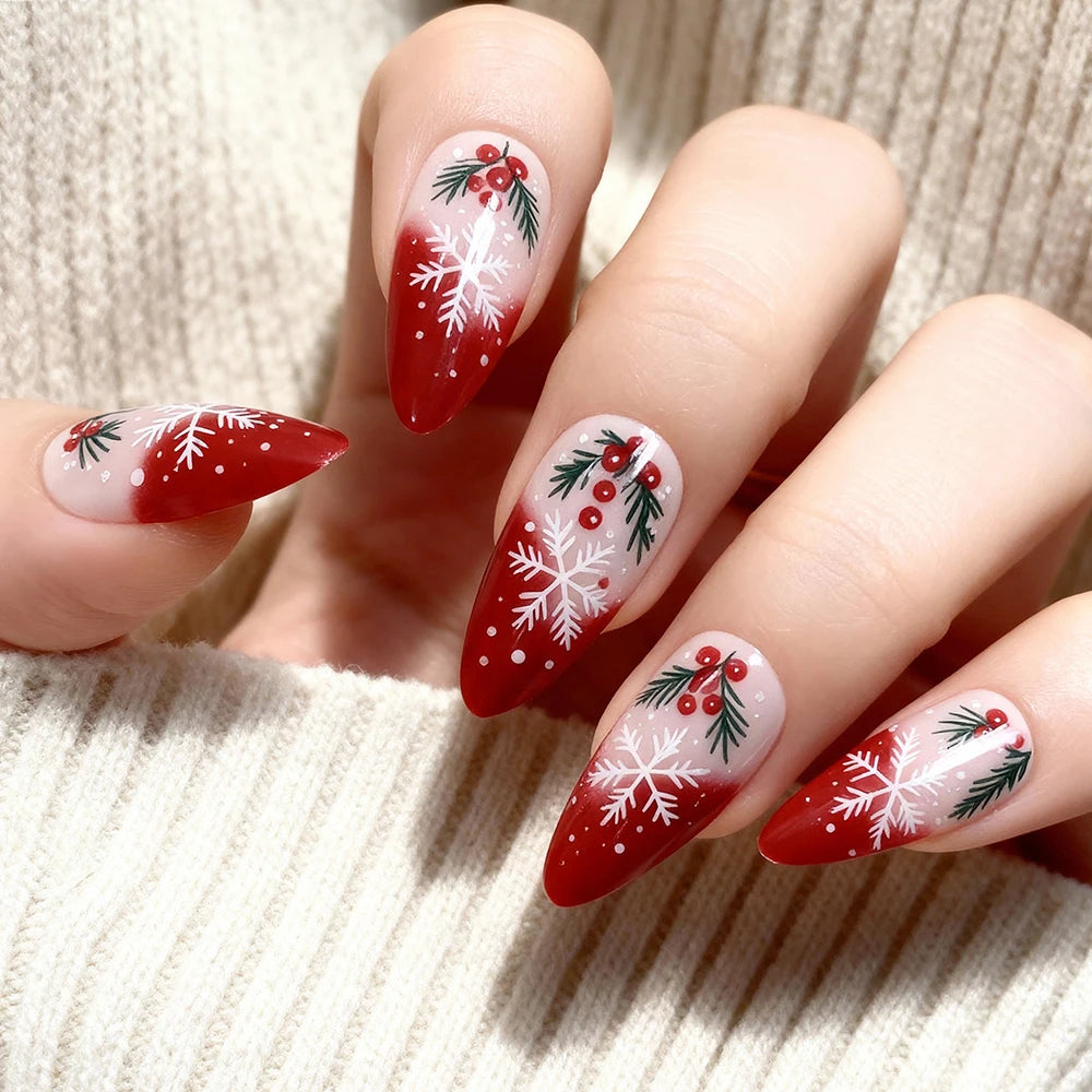 24pcs Gradient Red French Christmas Fake Nails Cute Almond Cartoon Holly Snowflake Design False Nails DIY Xmas Fake Nails Girls