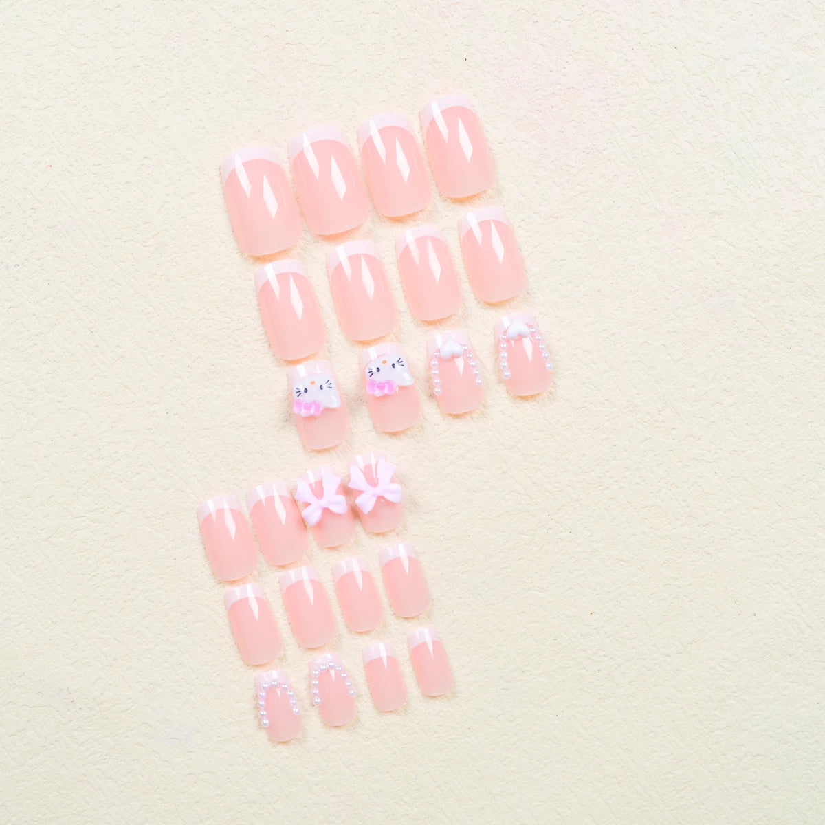 24 Medium Square Nail Pink French Cute Cartoon Cat White Love Camellia Nail Patch Jelly Powder Bow Wear Nail Set
