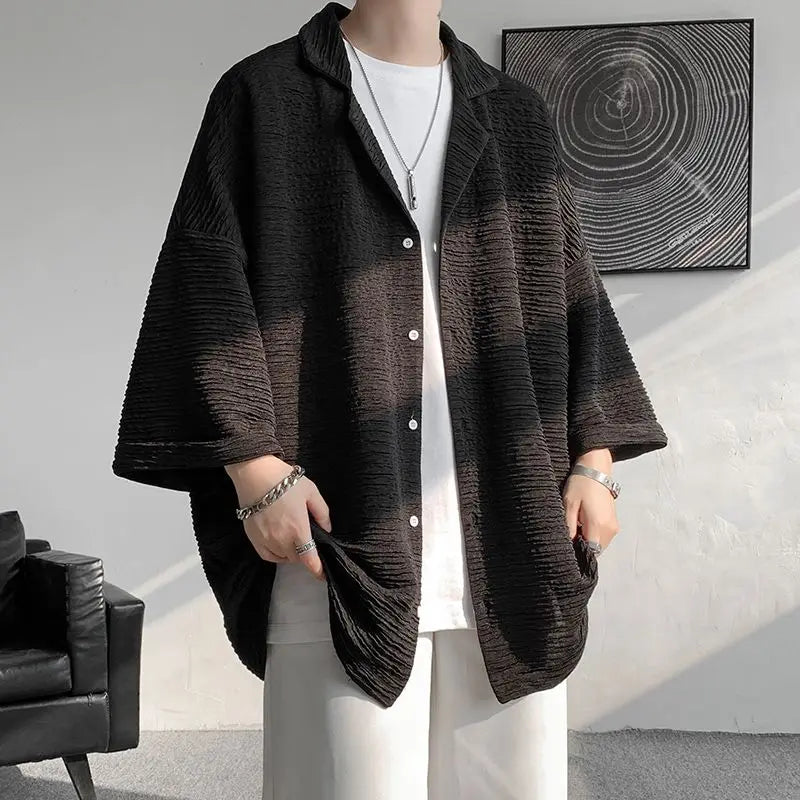 Streetwear Shirts Solid Color Loose Temperament Handsome Button Three Quarter Sleeve V-neck Spring Summer Men's Clothing 2023