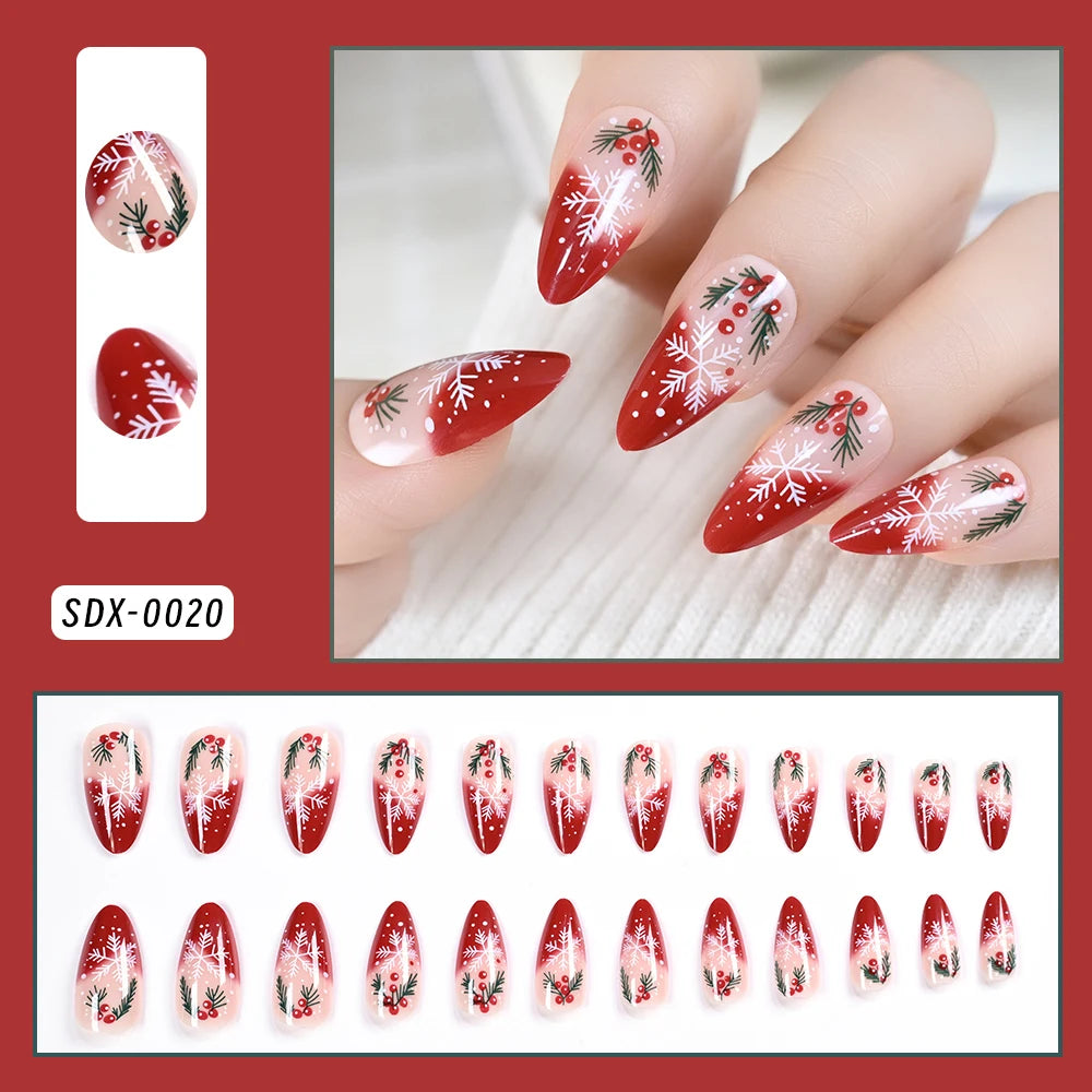 24pcs Gradient Red French Christmas Fake Nails Cute Almond Cartoon Holly Snowflake Design False Nails DIY Xmas Fake Nails Girls