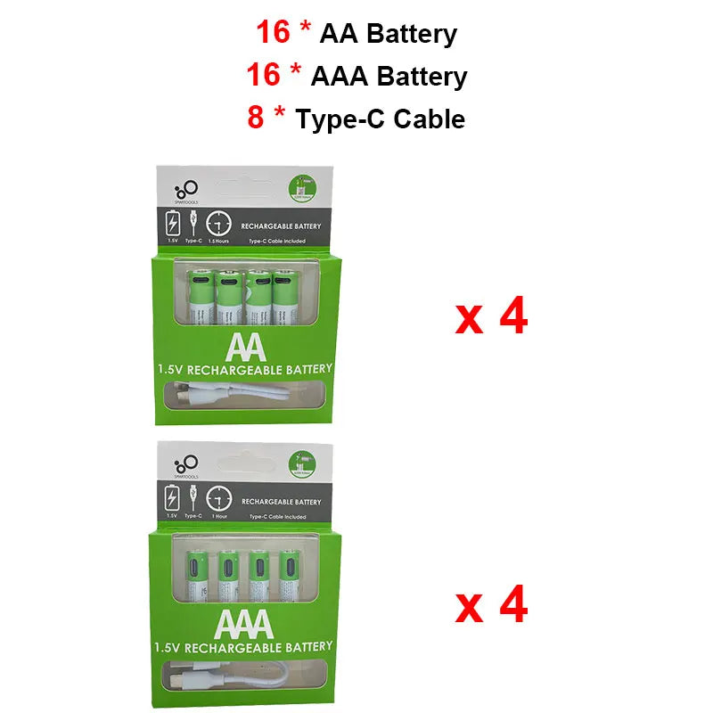 AA + AAA USB Rechargeable battery 1.5V AA 2600mWh/AAA 750mWh li-ion batteries for toys watch MP3 player thermometer+TYPE-C Cable