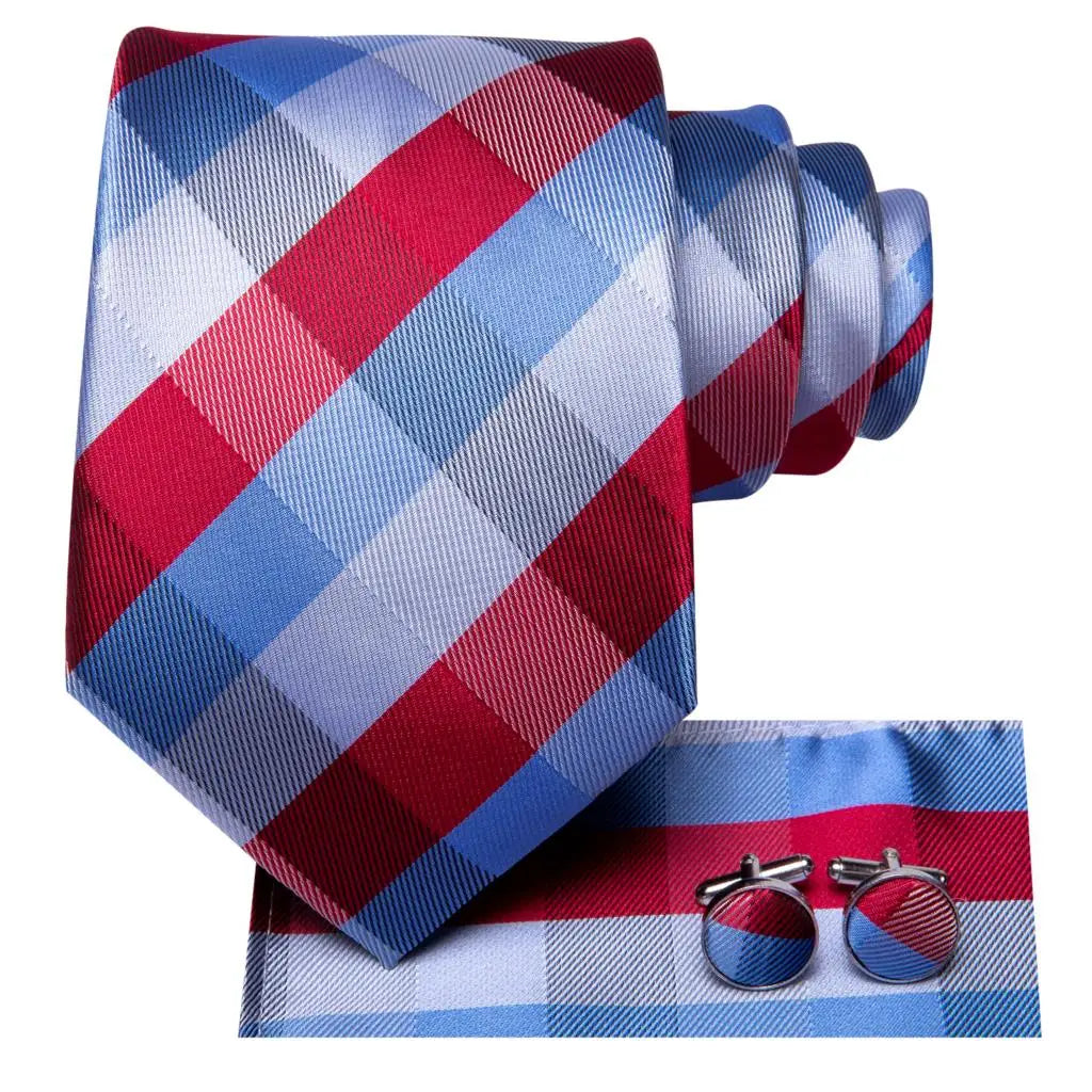 Hi-Tie Plaid Silk Tie For Men Elegant Mens Blue Grey Necktie Pocket Square Cufflink Groom Wedding Accessory Wholesale Designer