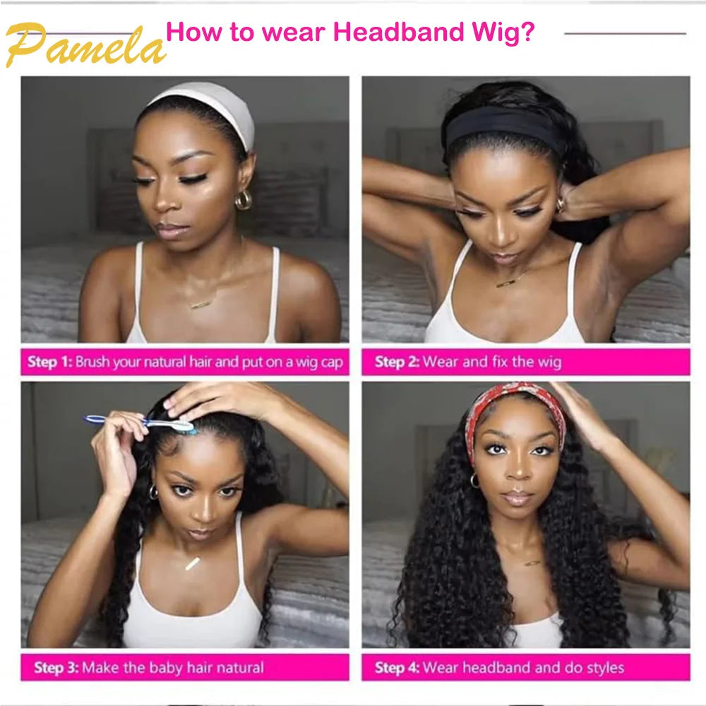 Headband Wigs Human Hair For Woman Curly Hair Wig Glueless Ready To Wear Deep Wave Human Hair Full Machine 250% Density Wigs