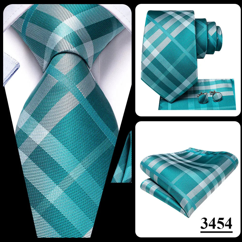 Hi-Tie Plaid Silk Tie For Men Elegant Mens Blue Grey Necktie Pocket Square Cufflink Groom Wedding Accessory Wholesale Designer