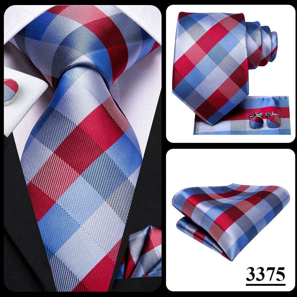Hi-Tie Plaid Silk Tie For Men Elegant Mens Blue Grey Necktie Pocket Square Cufflink Groom Wedding Accessory Wholesale Designer
