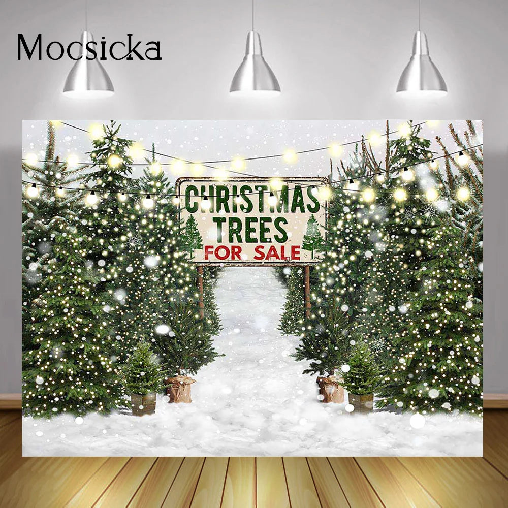 Christmas Trees Farm Banner Backdrop Decor Winter Snowy Pine Forest Birthday Portrait Background Glitter Merry Xmas Photocall