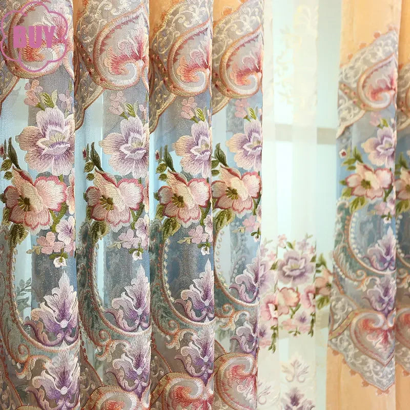 European-style Curtain for Living Dining Room Bedroom Light Luxury Beige Chenille Embroidered Valance Window Tulle Screen Custom