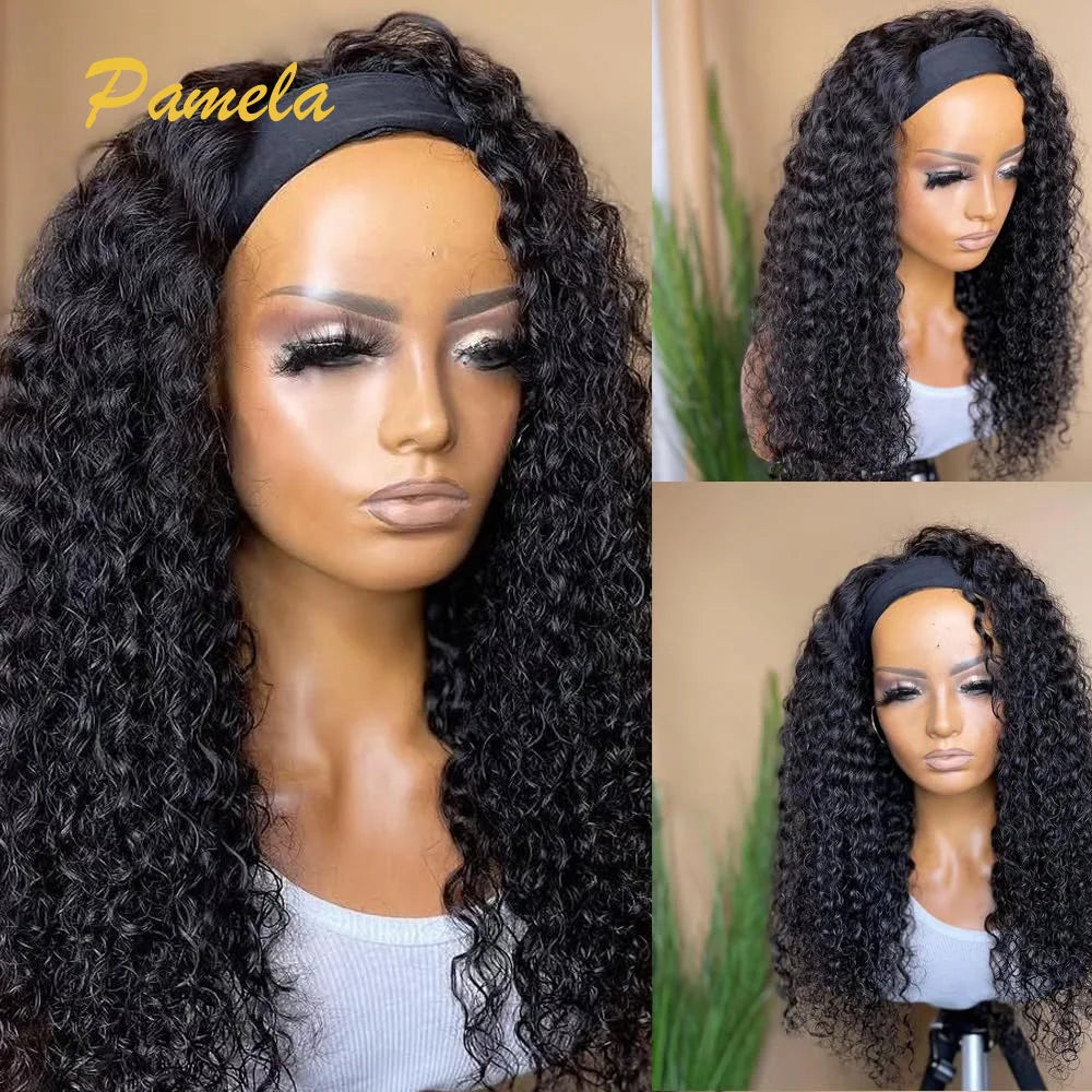 Headband Wigs Human Hair For Woman Curly Hair Wig Glueless Ready To Wear Deep Wave Human Hair Full Machine 250% Density Wigs