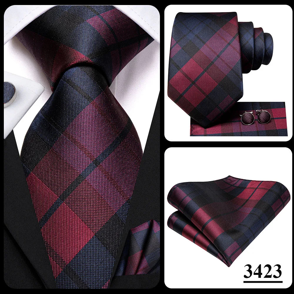 Hi-Tie Plaid Silk Tie For Men Elegant Mens Blue Grey Necktie Pocket Square Cufflink Groom Wedding Accessory Wholesale Designer