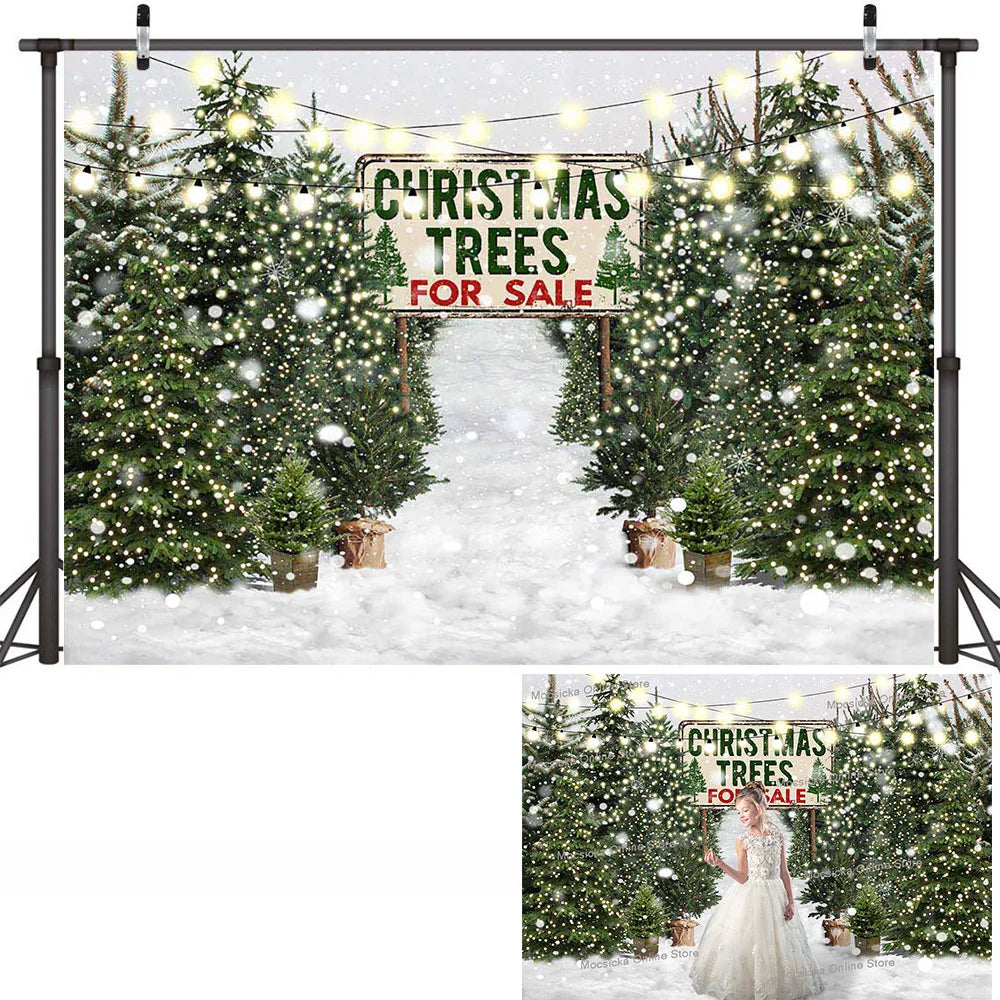 Christmas Trees Farm Banner Backdrop Decor Winter Snowy Pine Forest Birthday Portrait Background Glitter Merry Xmas Photocall