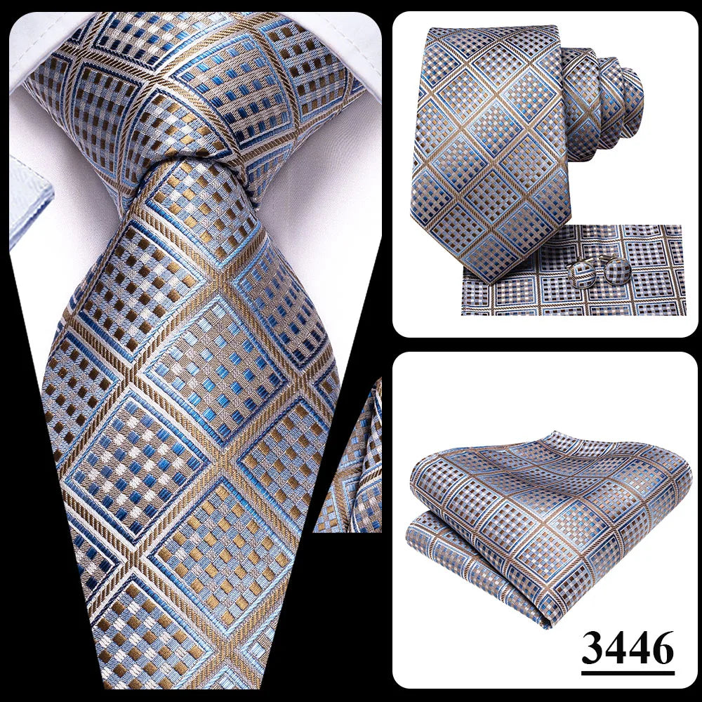 Hi-Tie Plaid Silk Tie For Men Elegant Mens Blue Grey Necktie Pocket Square Cufflink Groom Wedding Accessory Wholesale Designer