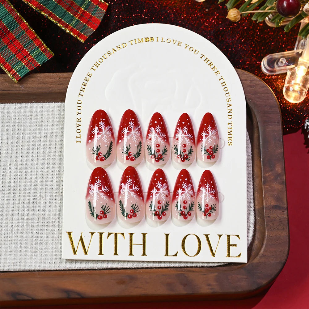24pcs Gradient Red French Christmas Fake Nails Cute Almond Cartoon Holly Snowflake Design False Nails DIY Xmas Fake Nails Girls