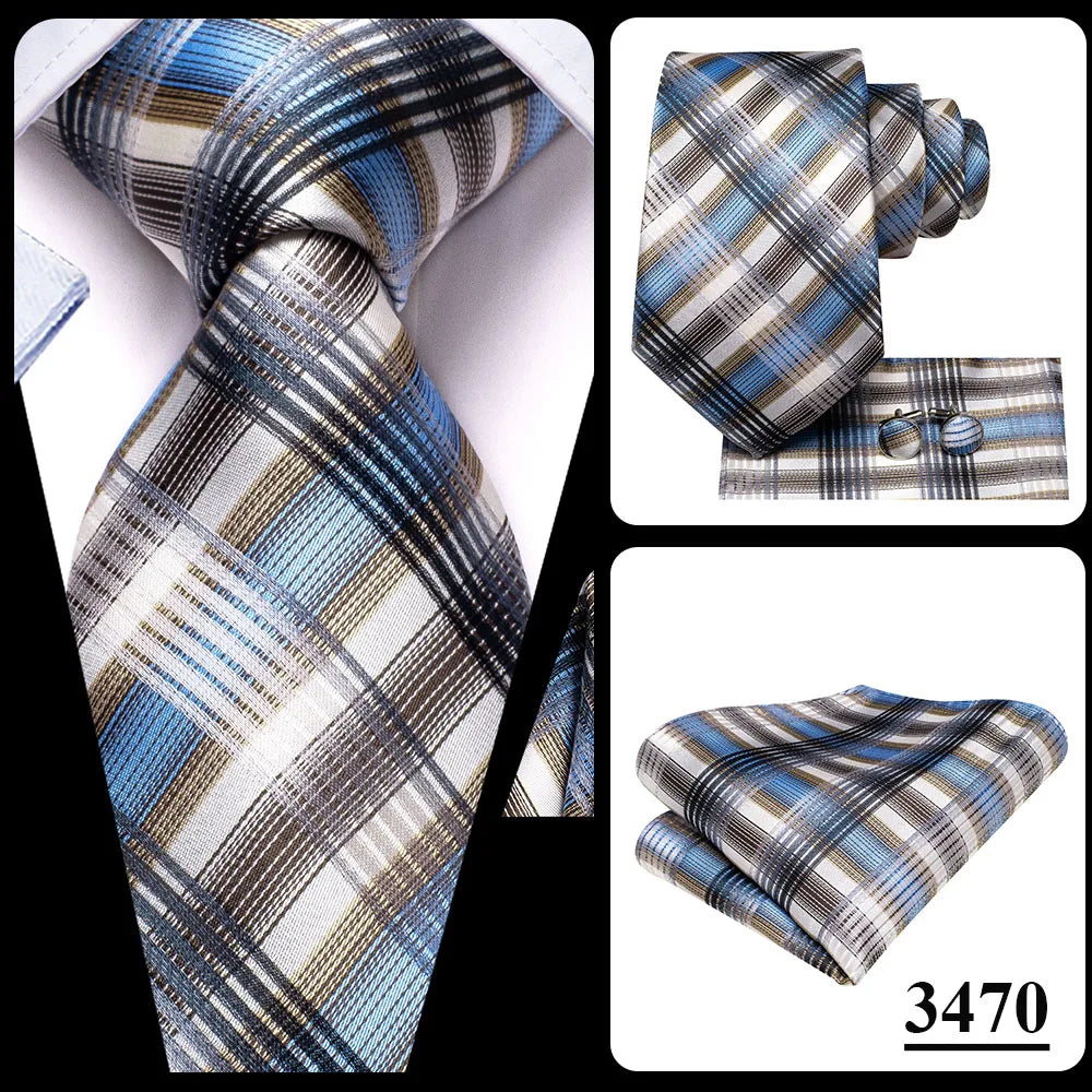Hi-Tie Plaid Silk Tie For Men Elegant Mens Blue Grey Necktie Pocket Square Cufflink Groom Wedding Accessory Wholesale Designer