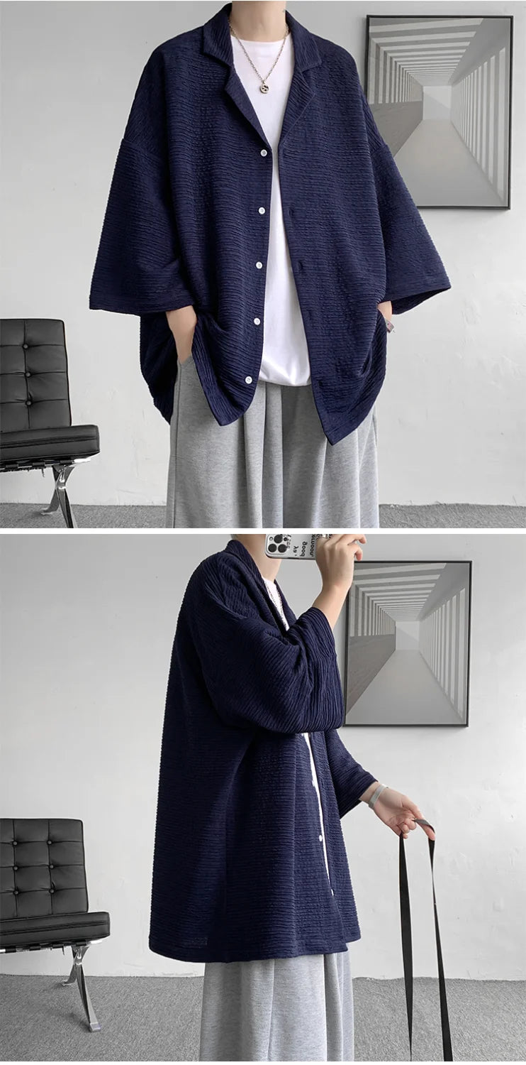 Streetwear Shirts Solid Color Loose Temperament Handsome Button Three Quarter Sleeve V-neck Spring Summer Men's Clothing 2023