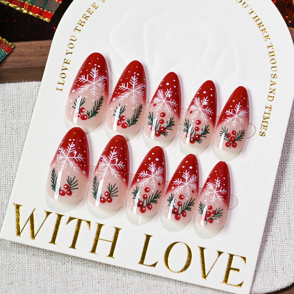 24pcs Gradient Red French Christmas Fake Nails Cute Almond Cartoon Holly Snowflake Design False Nails DIY Xmas Fake Nails Girls