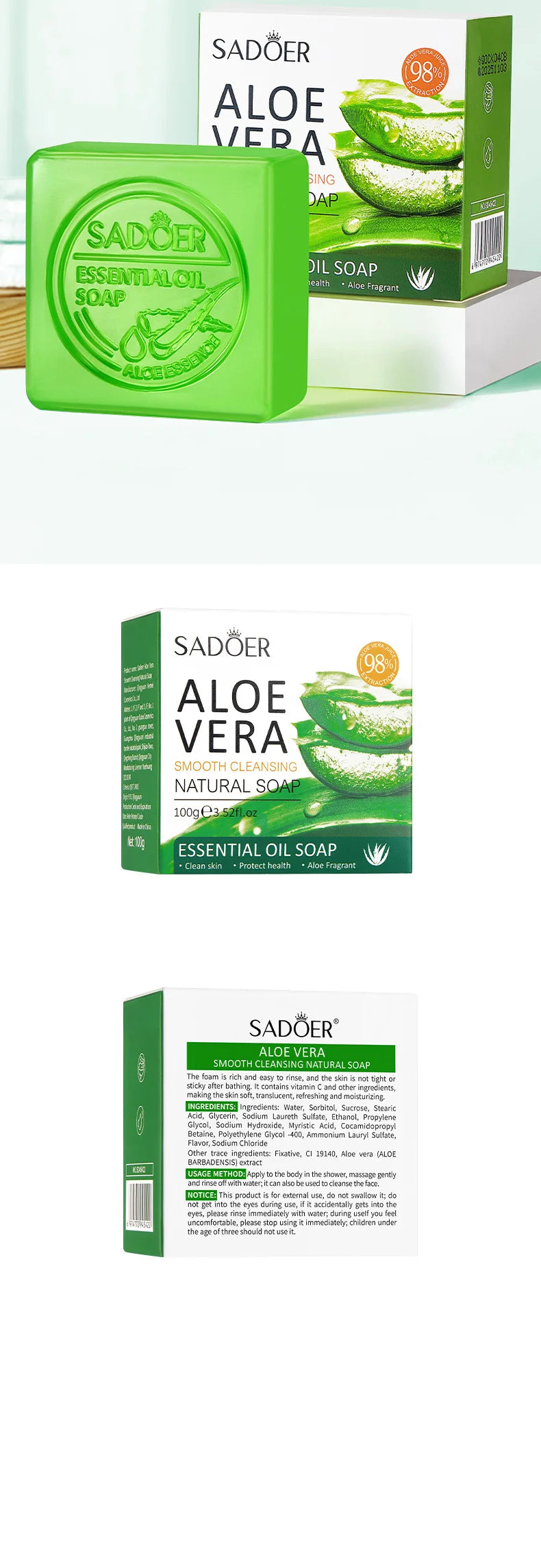 SADOER Aloe Facial Soap Face Wash Foam Facial Cleanser Moisturizing Firming Hydrating Oil Control Body Bathing Handmade Soap