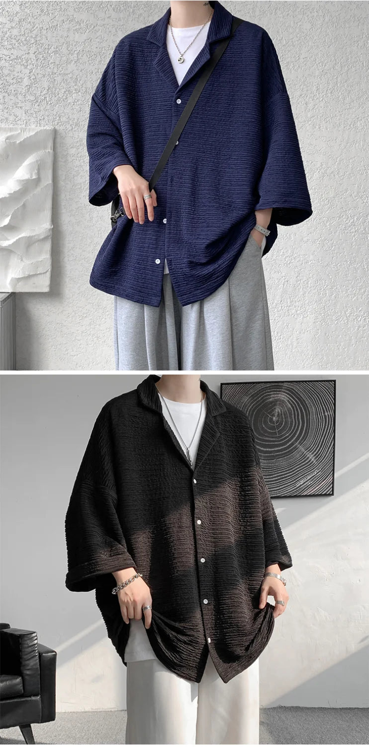 Streetwear Shirts Solid Color Loose Temperament Handsome Button Three Quarter Sleeve V-neck Spring Summer Men's Clothing 2023