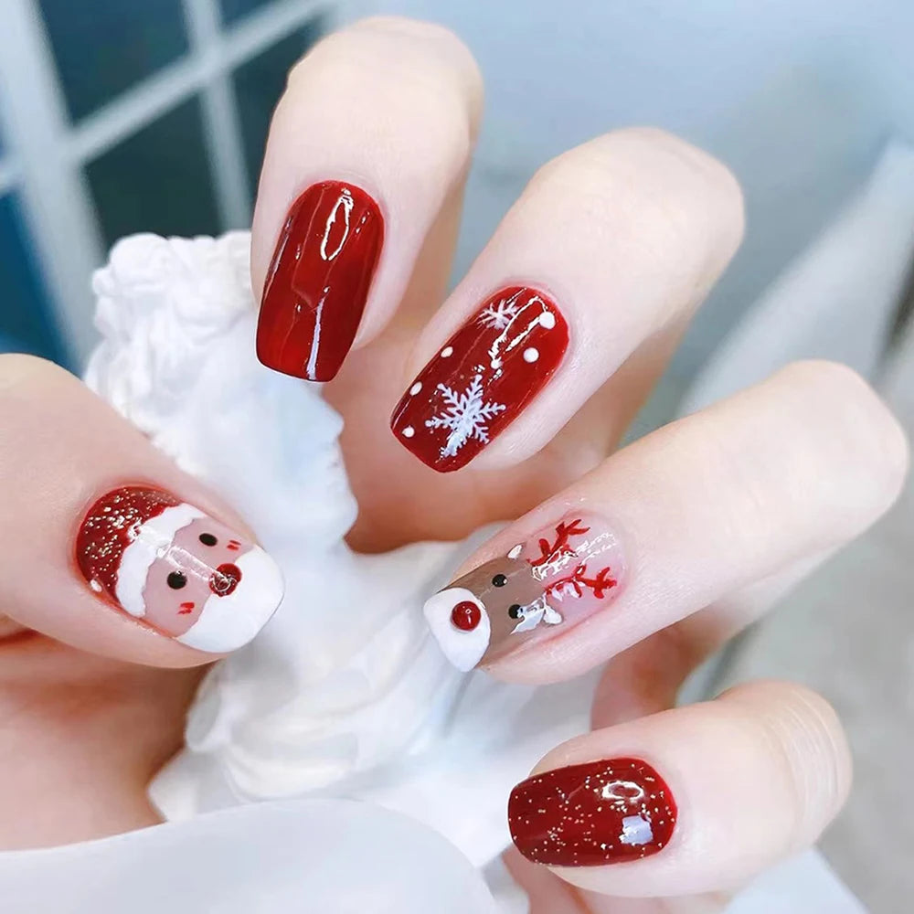 24pcs Gradient Red French Christmas Fake Nails Cute Almond Cartoon Holly Snowflake Design False Nails DIY Xmas Fake Nails Girls
