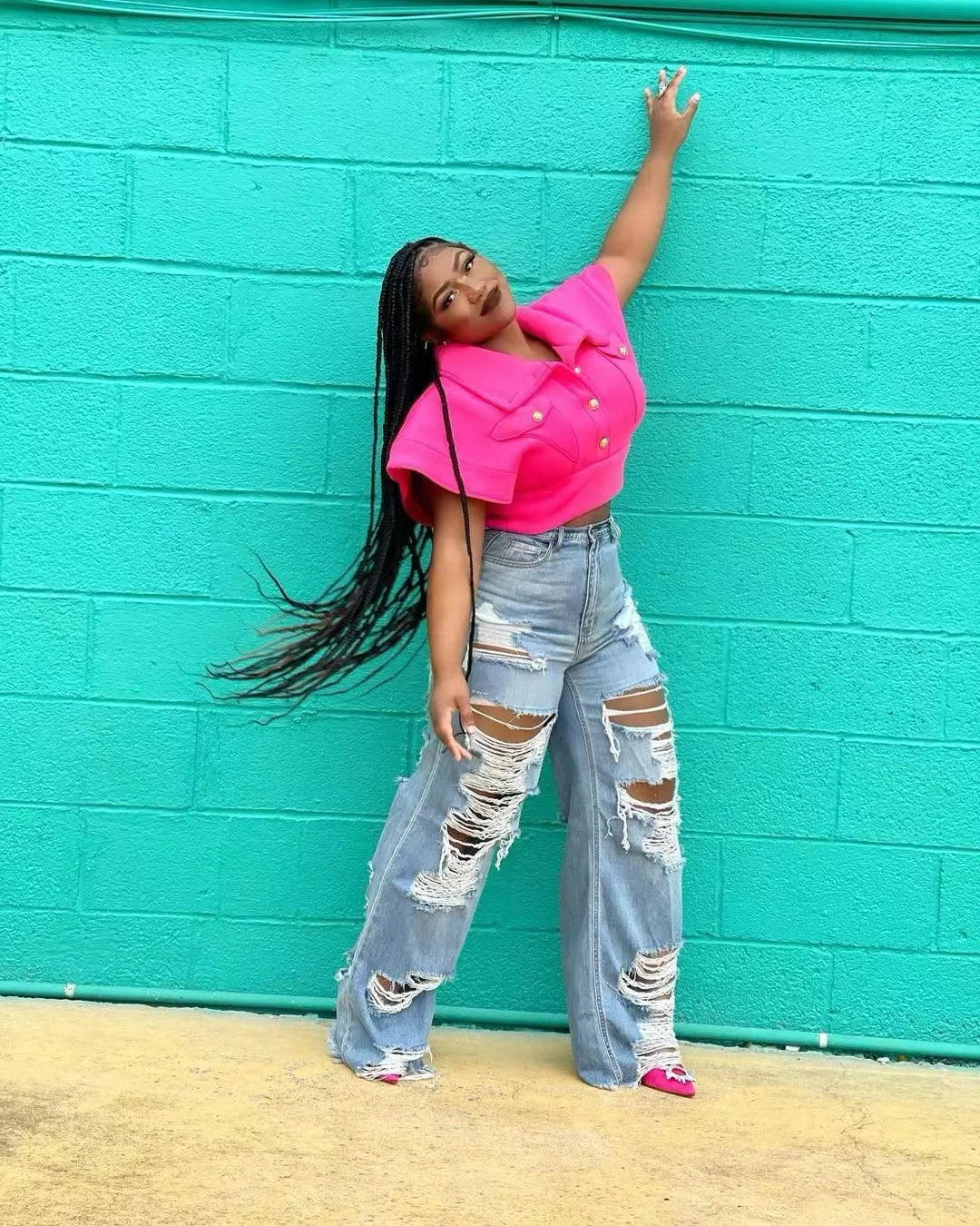 Jeans Women Long Pants Elegant Splice Denim Pant Slim Fit Sexy Hole High Waist Button Pocket Straight Trousers Summer 2024