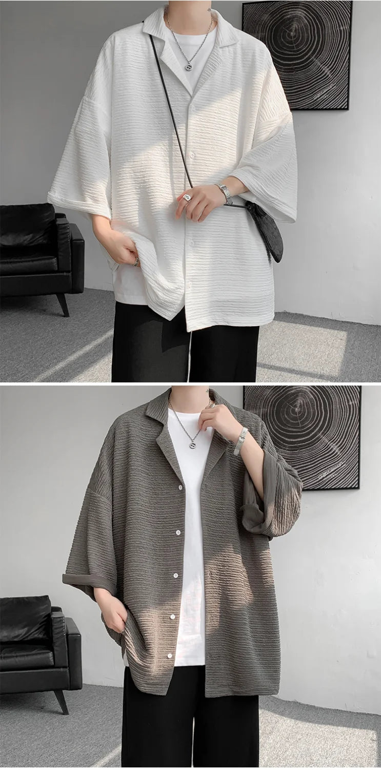 Streetwear Shirts Solid Color Loose Temperament Handsome Button Three Quarter Sleeve V-neck Spring Summer Men's Clothing 2023