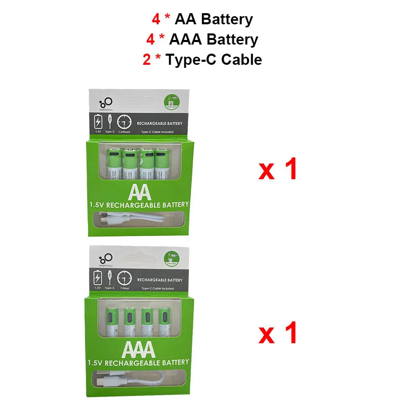 AA + AAA USB Rechargeable battery 1.5V AA 2600mWh/AAA 750mWh li-ion batteries for toys watch MP3 player thermometer+TYPE-C Cable