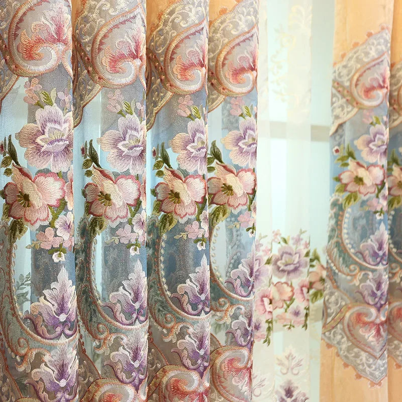 European-style Curtain for Living Dining Room Bedroom Light Luxury Beige Chenille Embroidered Valance Window Tulle Screen Custom