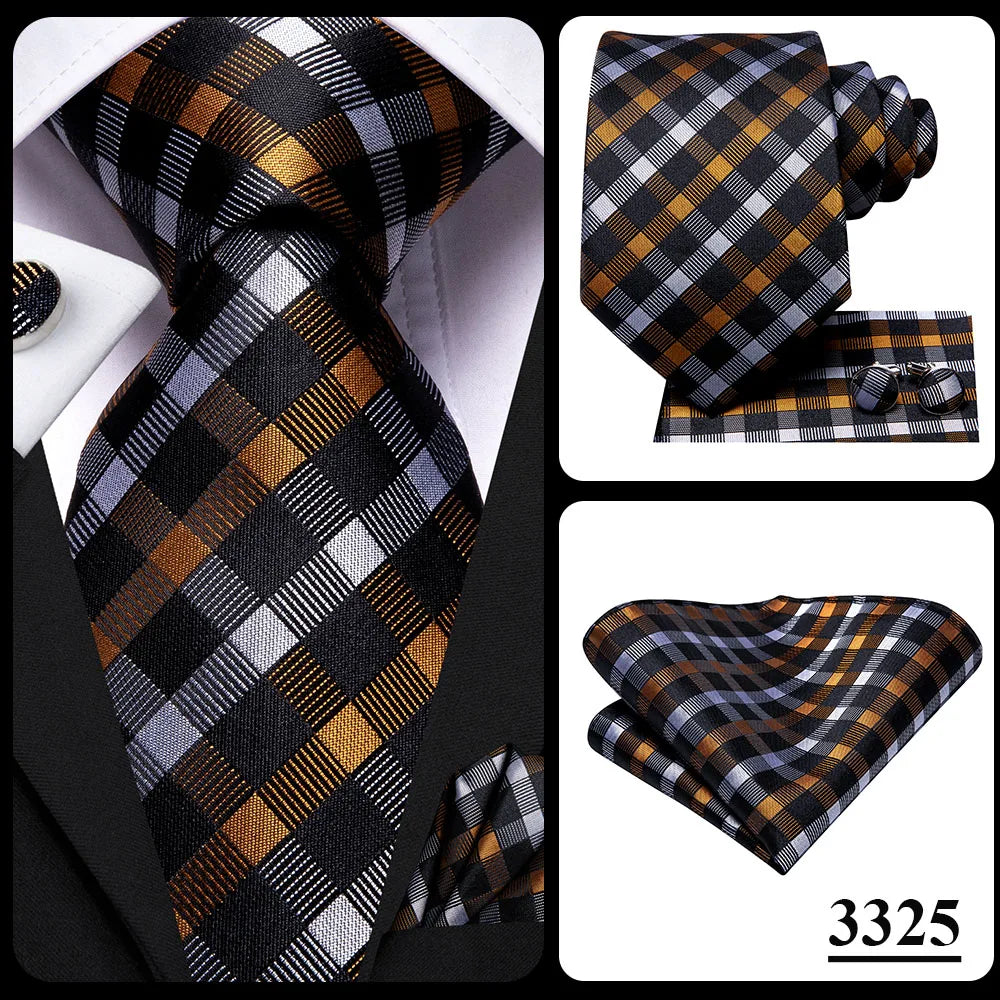 Hi-Tie Plaid Silk Tie For Men Elegant Mens Blue Grey Necktie Pocket Square Cufflink Groom Wedding Accessory Wholesale Designer