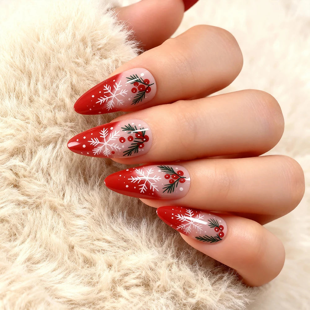 24pcs Gradient Red French Christmas Fake Nails Cute Almond Cartoon Holly Snowflake Design False Nails DIY Xmas Fake Nails Girls