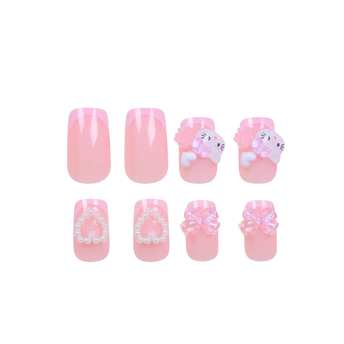 24 Medium Square Nail Pink French Cute Cartoon Cat White Love Camellia Nail Patch Jelly Powder Bow Wear Nail Set