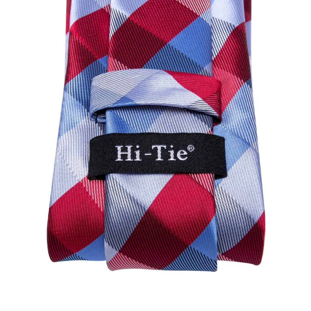 Hi-Tie Plaid Silk Tie For Men Elegant Mens Blue Grey Necktie Pocket Square Cufflink Groom Wedding Accessory Wholesale Designer