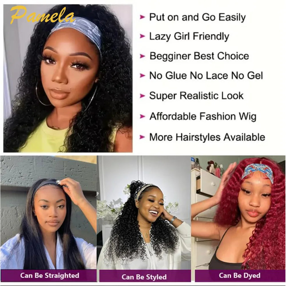 Headband Wigs Human Hair For Woman Curly Hair Wig Glueless Ready To Wear Deep Wave Human Hair Full Machine 250% Density Wigs