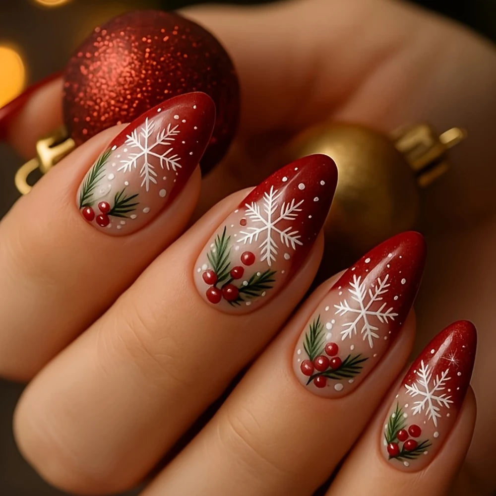 24pcs Gradient Red French Christmas Fake Nails Cute Almond Cartoon Holly Snowflake Design False Nails DIY Xmas Fake Nails Girls