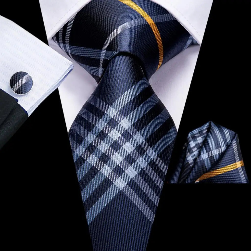 Hi-Tie Plaid Silk Tie For Men Elegant Mens Blue Grey Necktie Pocket Square Cufflink Groom Wedding Accessory Wholesale Designer