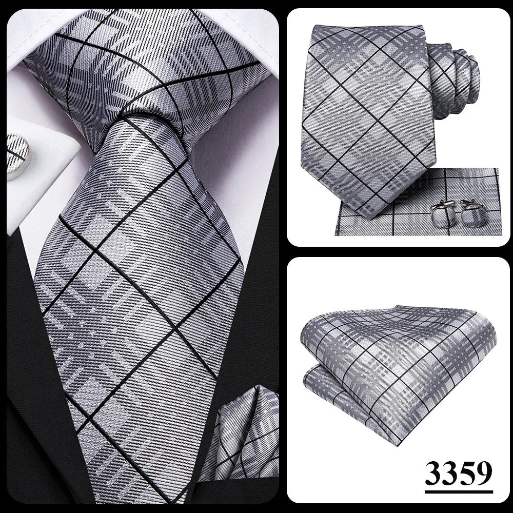 Hi-Tie Plaid Silk Tie For Men Elegant Mens Blue Grey Necktie Pocket Square Cufflink Groom Wedding Accessory Wholesale Designer