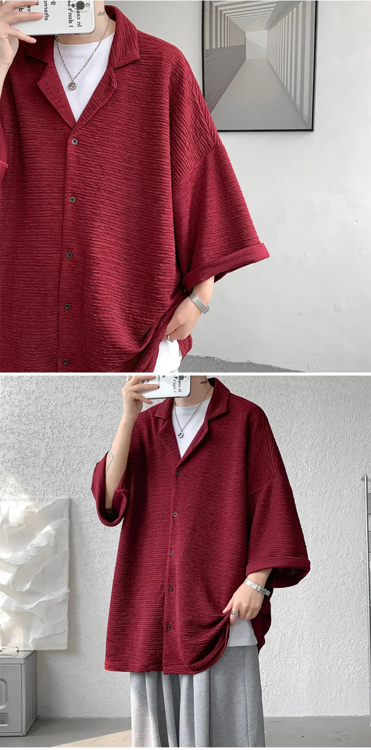 Streetwear Shirts Solid Color Loose Temperament Handsome Button Three Quarter Sleeve V-neck Spring Summer Men's Clothing 2023