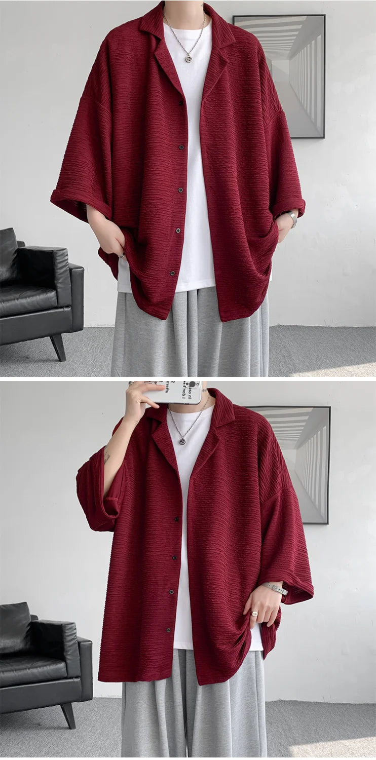 Streetwear Shirts Solid Color Loose Temperament Handsome Button Three Quarter Sleeve V-neck Spring Summer Men's Clothing 2023