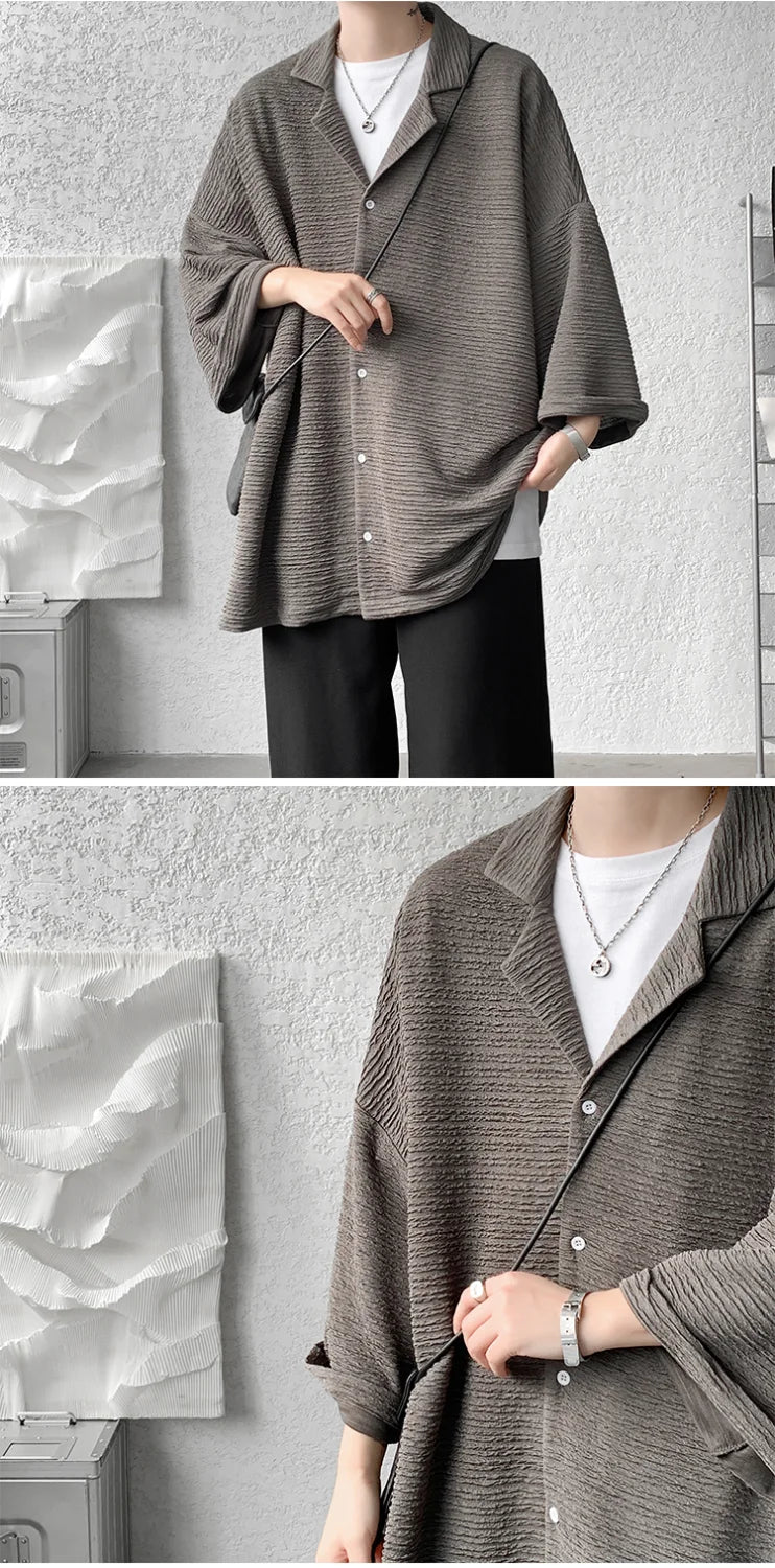 Streetwear Shirts Solid Color Loose Temperament Handsome Button Three Quarter Sleeve V-neck Spring Summer Men's Clothing 2023