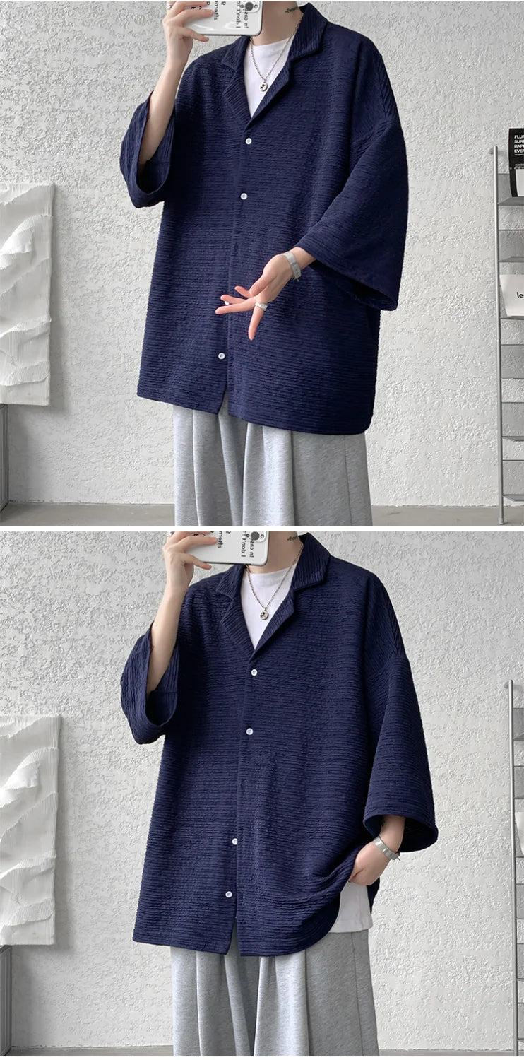 Streetwear Shirts Solid Color Loose Temperament Handsome Button Three Quarter Sleeve V-neck Spring Summer Men's Clothing 2023