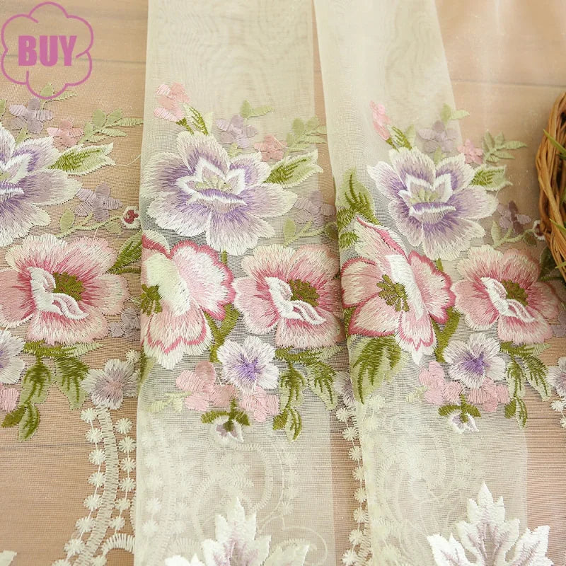European-style Curtain for Living Dining Room Bedroom Light Luxury Beige Chenille Embroidered Valance Window Tulle Screen Custom