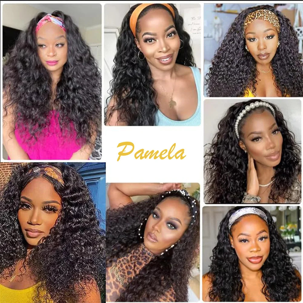 Headband Wigs Human Hair For Woman Curly Hair Wig Glueless Ready To Wear Deep Wave Human Hair Full Machine 250% Density Wigs
