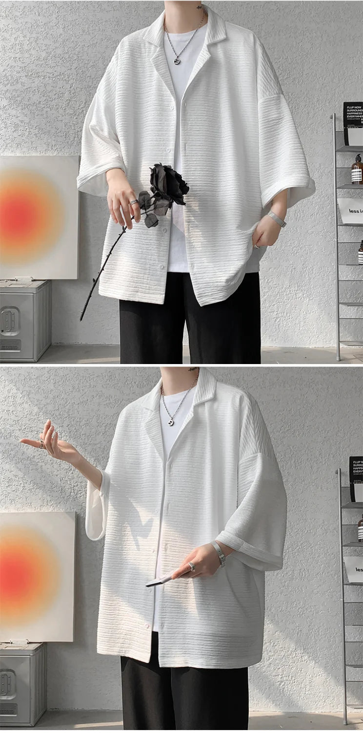 Streetwear Shirts Solid Color Loose Temperament Handsome Button Three Quarter Sleeve V-neck Spring Summer Men's Clothing 2023