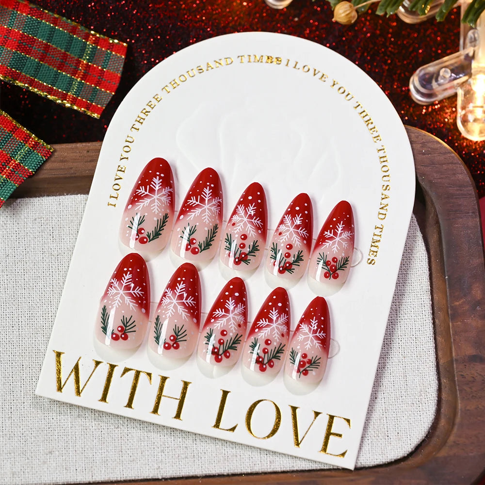 24pcs Gradient Red French Christmas Fake Nails Cute Almond Cartoon Holly Snowflake Design False Nails DIY Xmas Fake Nails Girls